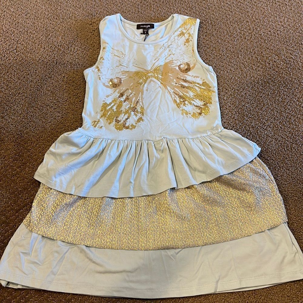 Imoga Girls Grey & Gold Butterfly Layered Tank Dress